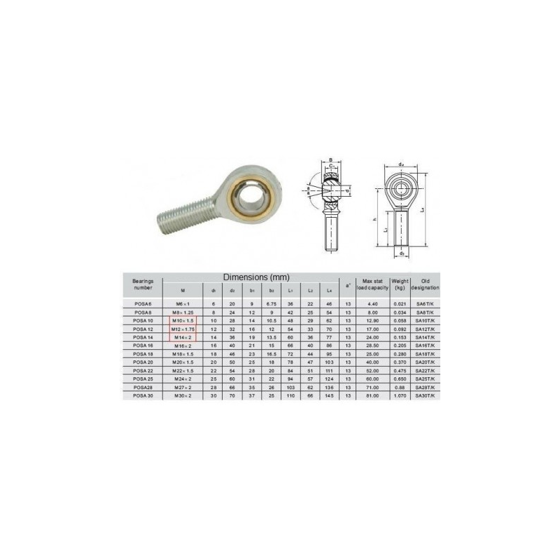 Rotule mâle M14 type "uniball"